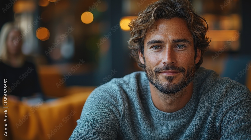 Handsome man with wavy hair, smiling gently, sits in a cafe. Handsome man with wavy hair, smiling gently, sits in a cafe.