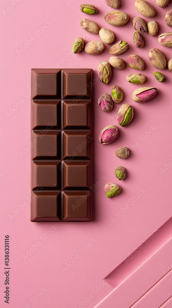 Chocolate bar with pistachios on pink background: aesthetic sweet treat concept.
