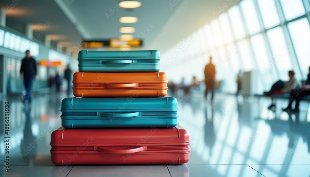 Colorful suitcases stacked together in a bright airport terminal. Travel and tourism.