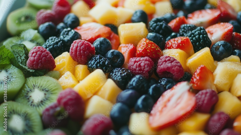 Close-up of a colorful fruit salad with fresh kiwi, berries, and diced mango. Hands slicing fruit in the background highlight freshness and preparation. Generative AI Close-up of a colorful fruit salad with fresh kiwi, berries, and diced mango. Hands slicing fruit in the background highlight freshness and preparation. Generative AI