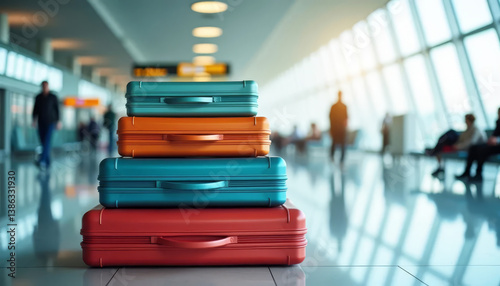 Obraz na płótnie Colorful suitcases stacked together in a bright airport terminal. Travel and tourism. w salonie