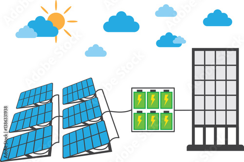 Illustration of Solar Panels With Inverter and Battery System