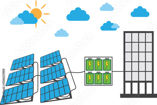 Illustration of Solar Panels With Inverter and Battery System