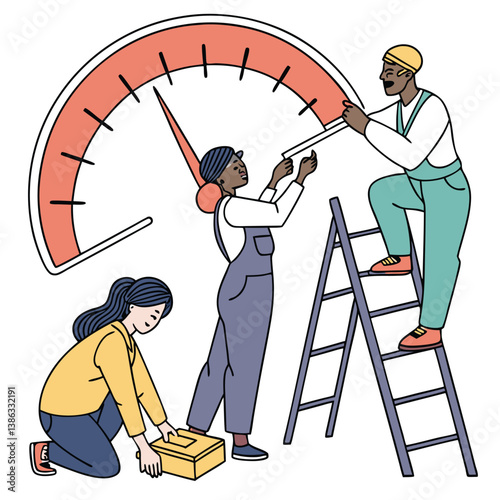 Employee Skills Performance concept. Vector cartoon illustration of a group of diverse people working in front of a meter and increasing its readings. Isolated on background.