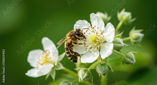 Close-up of a bee pollinating raspberry flowers