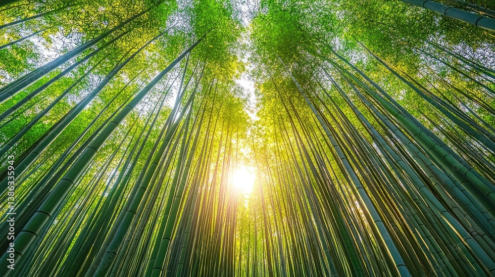 Bamboo forest with tall green stalks reaching towards sky, creating natural tunnel effect. Sunlight filters through the leaves, highlighting serene and tranquil atmosphere of the forest. Generative AI