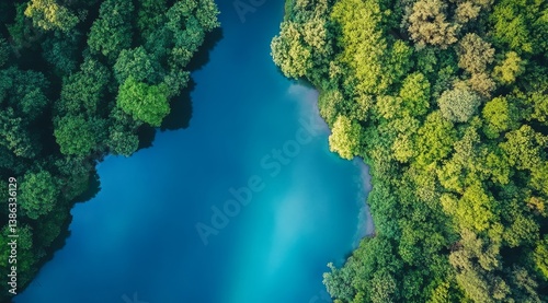 Fototapeta Naklejka Na Ścianę i Meble -  Aerial lake view surrounded by lush forest in late afternoon light