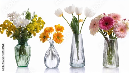 beautiful flowers in vases isolated on white background