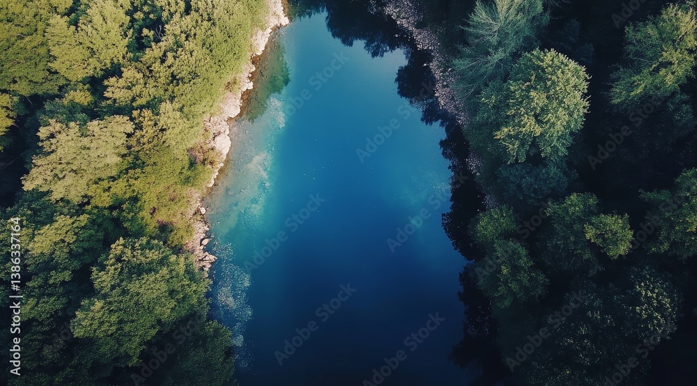 Aerial view of calm blue river surrounded by lush green forest Aerial view of calm blue river surrounded by lush green forest