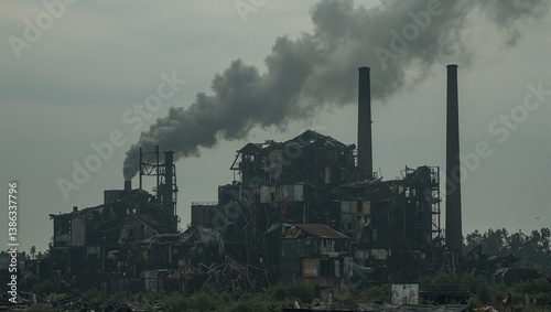 Explore the eerie beauty of an abandoned factory with decaying buildings and rusted remnants set against swirling smoke clouds