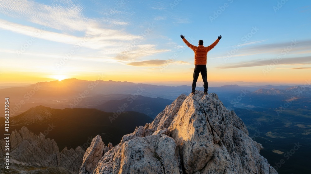 Man on top of a mountain with hands raised, concept of success, epic scene, dramatic lighting, breathtaking landscape, golden sunrise, sense of achievement and freedom Man on top of a mountain with hands raised, concept of success, epic scene, dramatic lighting, breathtaking landscape, golden sunrise, sense of achievement and freedom