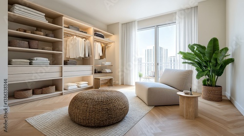 Spacious walk-in wardrobe with boutique feel, accent lighting, luxury material finish, and open floor plan concept