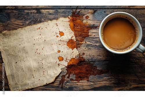 Splattered coffee across newspaper on wooden table, top view, warm light, cozy tone, natural shadows, vintage caf? vibe