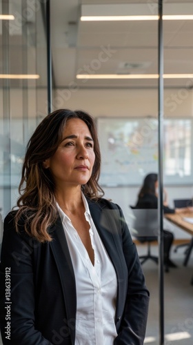 Free Download Confident middle-aged Latina businesswoman standing in front of glass wall in modern office, wearing professional business attire, calm and serious expression, corporate environment - GFXLoad
