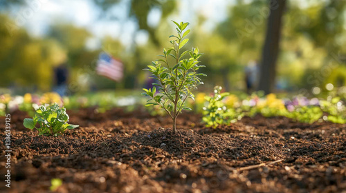 Volunteers working together to plant new trees in a community garden on a sunny day, promoting environmental sustainability and community spirit
