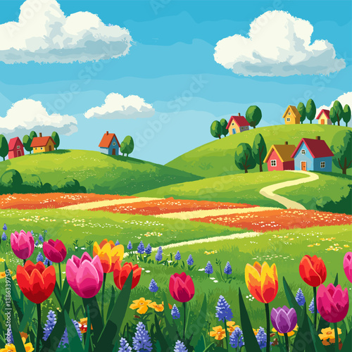 Picturesque Tulip Paradise: A vivid, idyllic scene of rolling green hills carpeted with colorful tulips, quaint houses nestled amidst, evoking the charm of a sunny countryside escape.