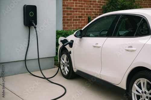 Photo of Electric car charging at home with EV charger connected to a white vehicle. 
