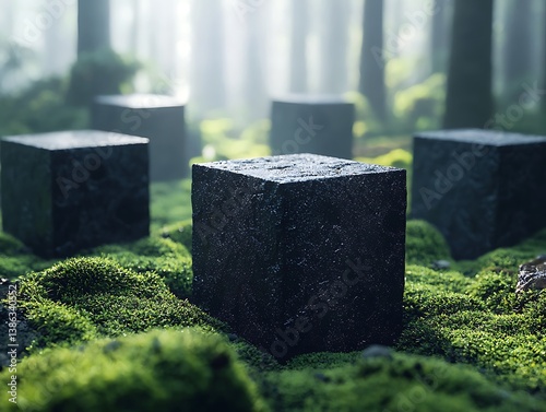 Stone cube shapes resting in mossy forest floor surrounded by fog and soft morning sunlight rays