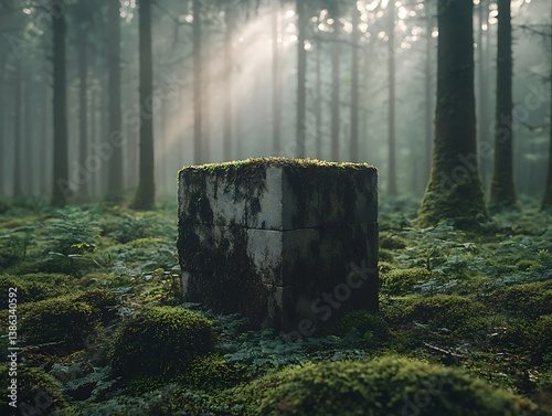 Stone cube shapes resting in mossy forest floor surrounded by fog and soft morning sunlight rays
