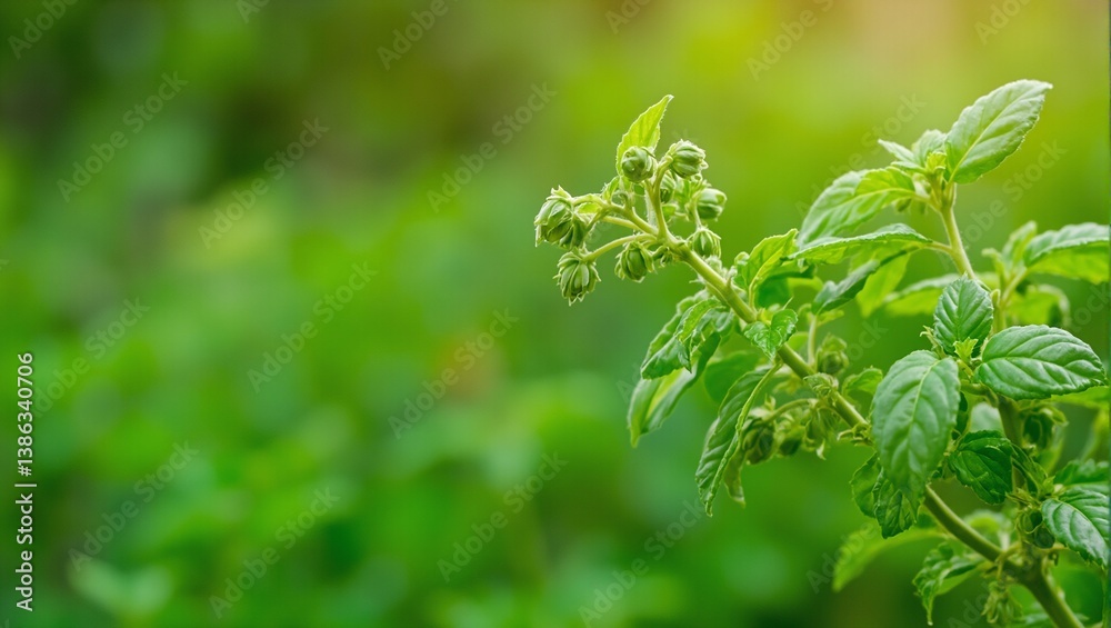 Vibrant herb branch with green buds and aromatic leaves embodying the essence of a lush garden Vibrant herb branch with green buds and aromatic leaves embodying the essence of a lush garden