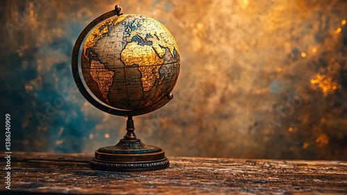 Antique globe on wooden table, vintage background, still life, education