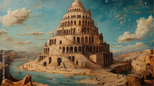 classic traditional renaissance oil painting illustration of Tower of Babel	
