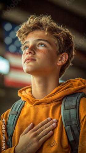 Student pledging allegiance in a patriotic atmosphere with an American flag backdrop during a school event