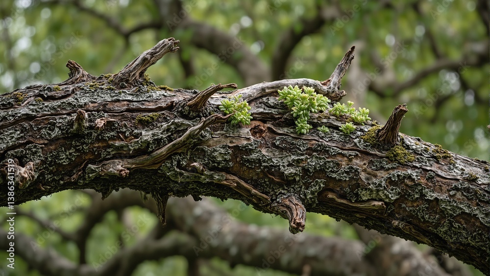 Obraz premium Close up of weathered sycamore tree branch with fresh green buds representing resilience and renewal in nature