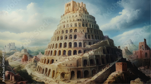 classic traditional renaissance oil painting illustration of Tower of Babel	