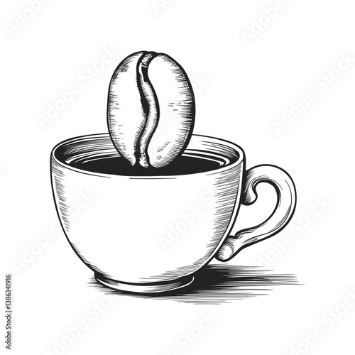 Monochrome sketch showcasing a steaming cup of coffee with a floating coffee bean