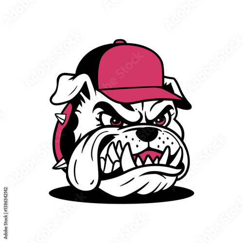 Bulldog illustration with a snarling expression, wearing a red baseball cap and a spiked collar