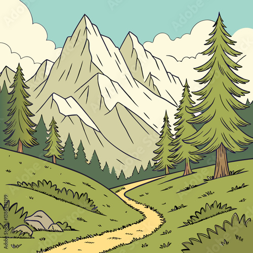 A vibrant vector cartoon illustration of a mountain landscape, perfect for outdoor or nature-themed projects.