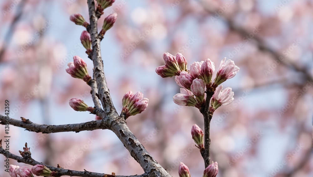 Delicate cherry blossom buds on weathered branches symbolizing springs arrival and renewal of life Delicate cherry blossom buds on weathered branches symbolizing springs arrival and renewal of life