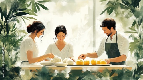 Group of Friends Enjoying a Baking Session with Fresh Bread and Pastries in a Cozy GreenDecor photo