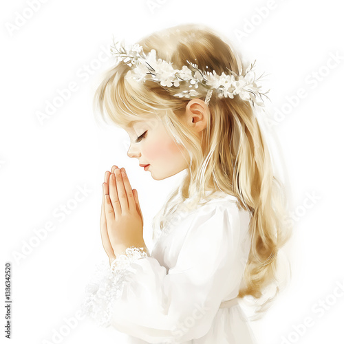 Young Girl Praying at First Holy Communion Watercolor Portrait Isolated on White Background