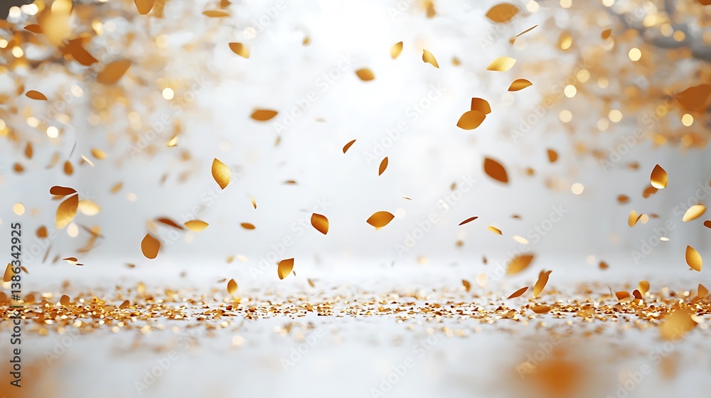 A clean, minimalist white background with subtle gold confetti particles drifting elegantly. A clean, minimalist white background with subtle gold confetti particles drifting elegantly.