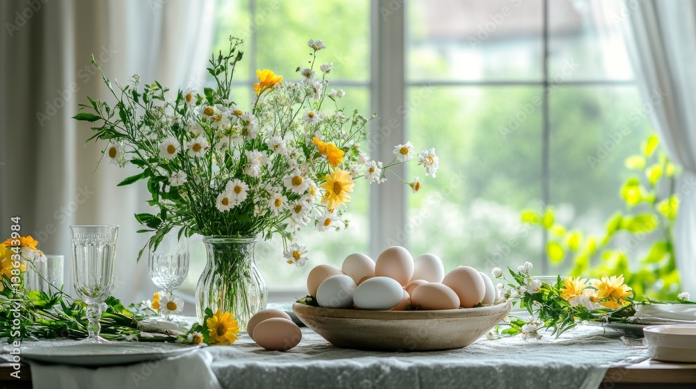 Light and Airy Easter Table Setting with Eggs and Fresh Flowers Light and Airy Easter Table Setting with Eggs and Fresh Flowers