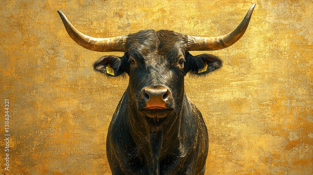 Naklejka premium Majestic Longhorn Bull Against Golden Background