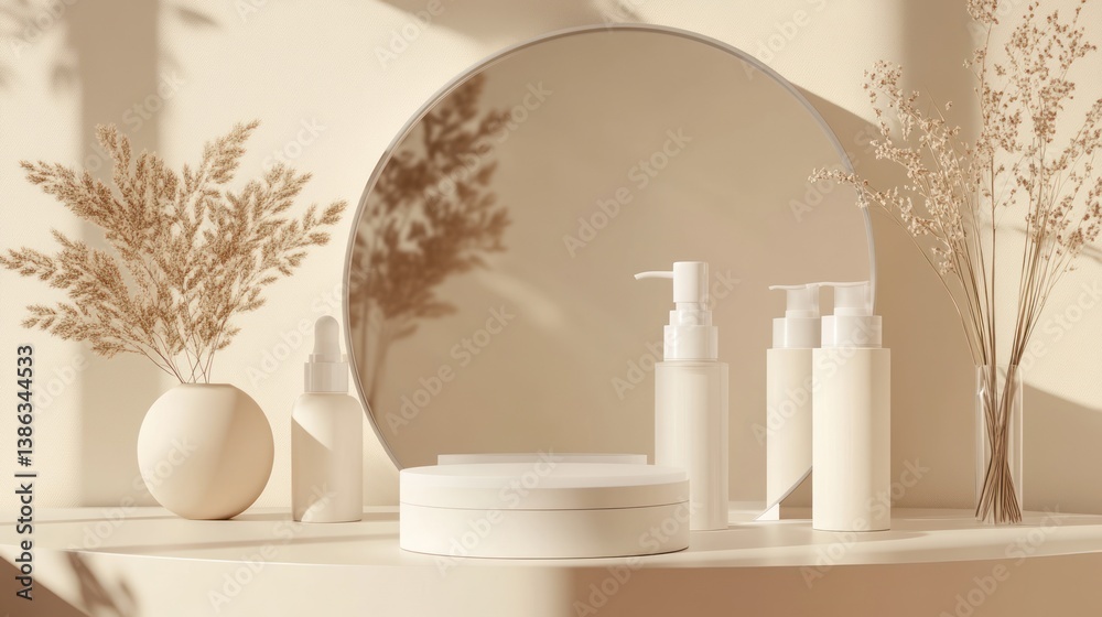 Beige cosmetic product display with sunlit shadows Beige cosmetic product display with sunlit shadows