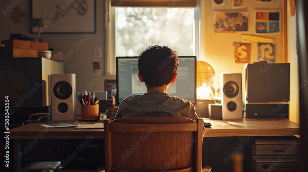 Fototapeta premium a little boy sitting in a chair at a desk in a room with a computer and speakers 