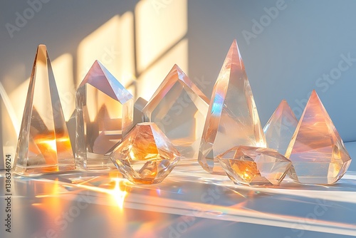 Transparent acrylic shapes placed on mirror surface with glowing light reflections and ambient shadows in a sterile studio setup