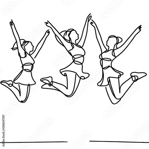 Cheerleaders jumping joyfully in a line art style  