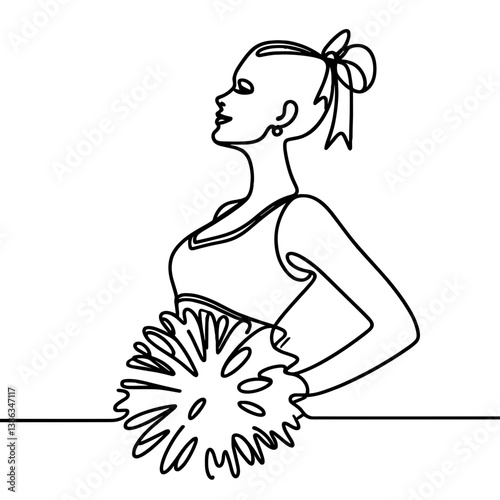 Cheerleader posing with pom-poms in a line art style  