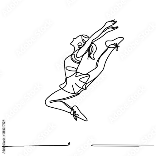 Cheerleader performing an elegant jump in a minimalist line art style  