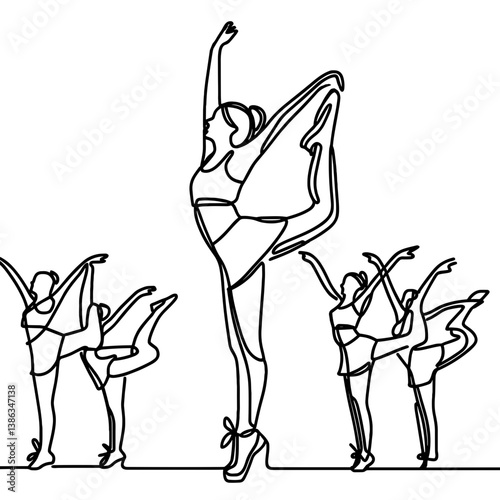 Cheerleaders performing dynamic dance moves in a line art style  