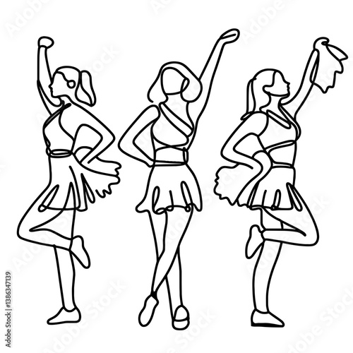 Cheerleaders performing poses in line art style on a blank background  