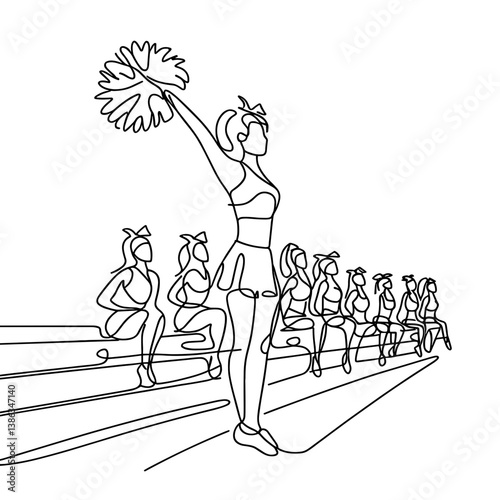 Cheerleader performing excitedly in a line art drawing  