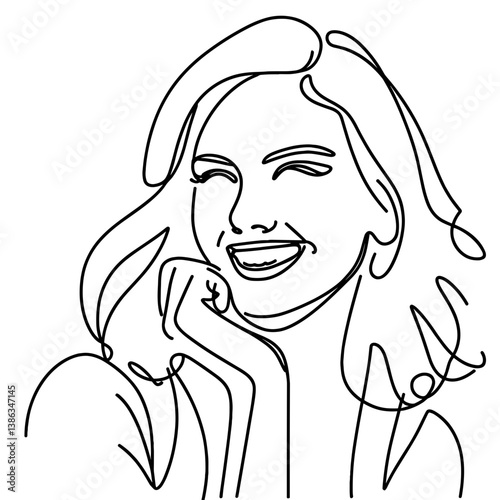 Close-up portret of smiling woman expressing joy in line art drawing  