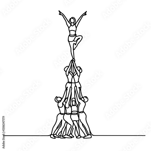 Cheerleading Stunt Team Forming Human Pyramid in Line Art Style  