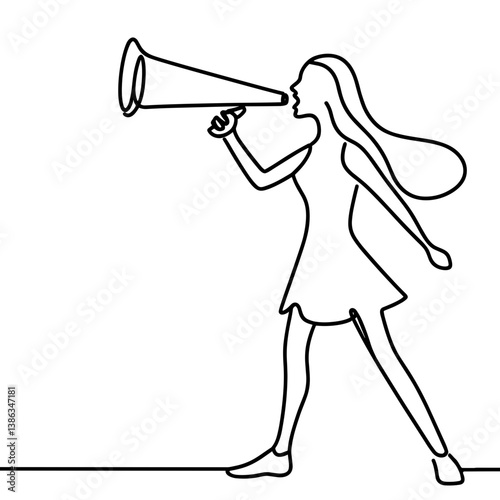 Cheerleader woman expressing excitement with a megaphone in line art  